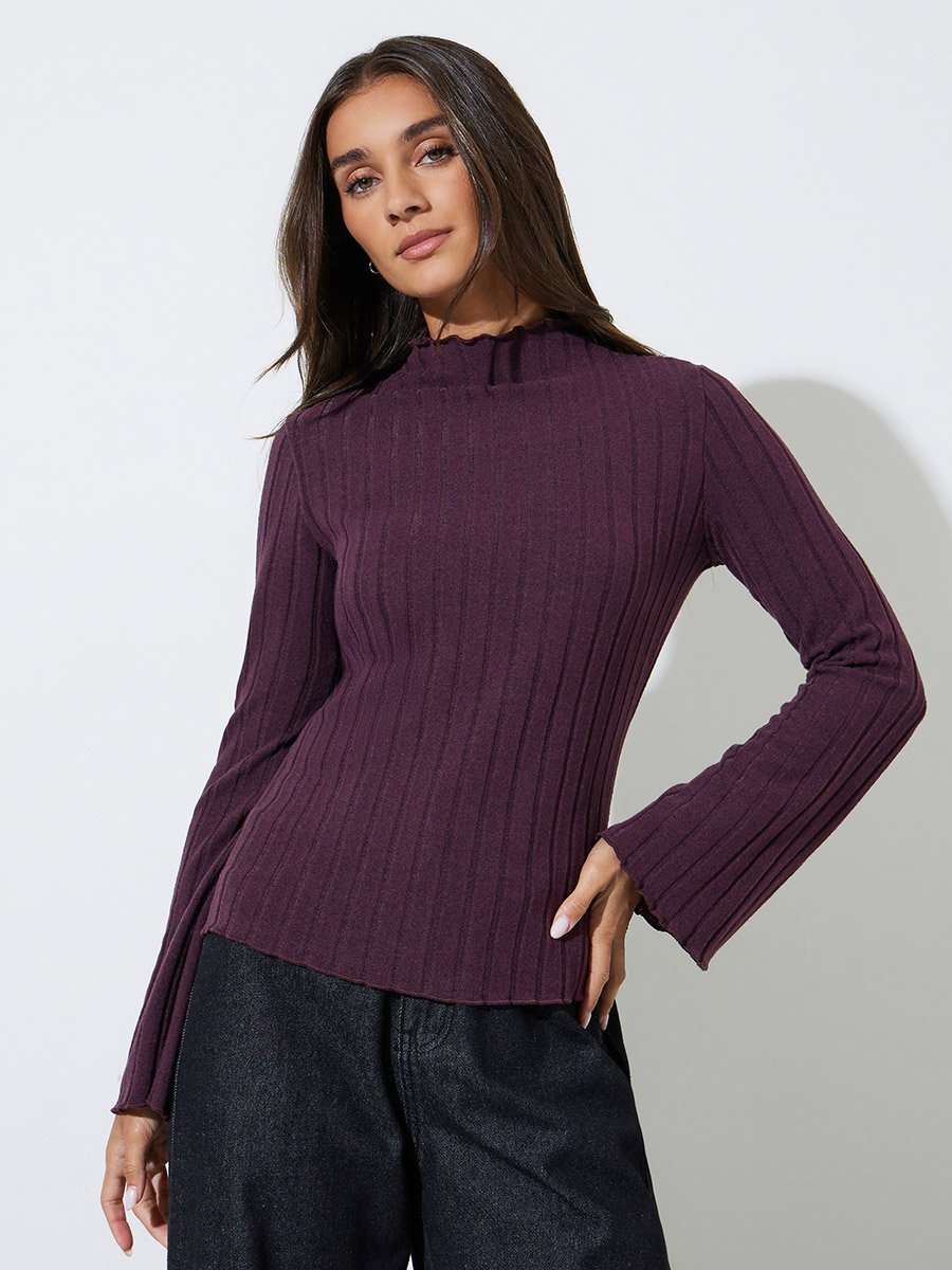 Purple Ribbed Knit Long Sleeve Top