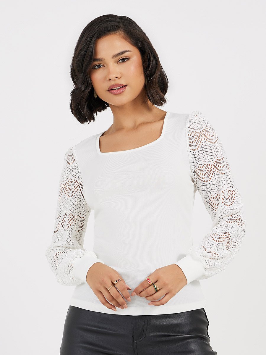 Lace Insert Sleeve Knit Top