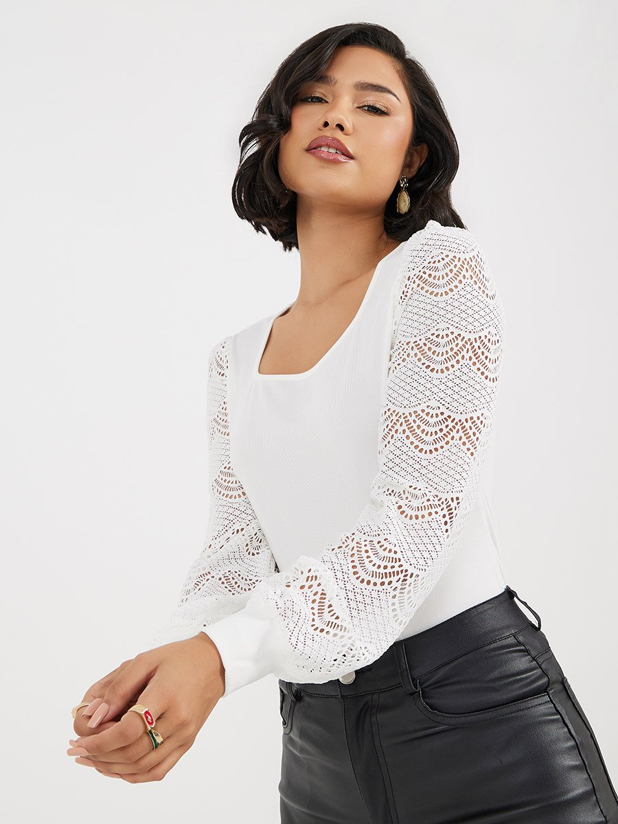 Lace Insert Sleeve Knit Top