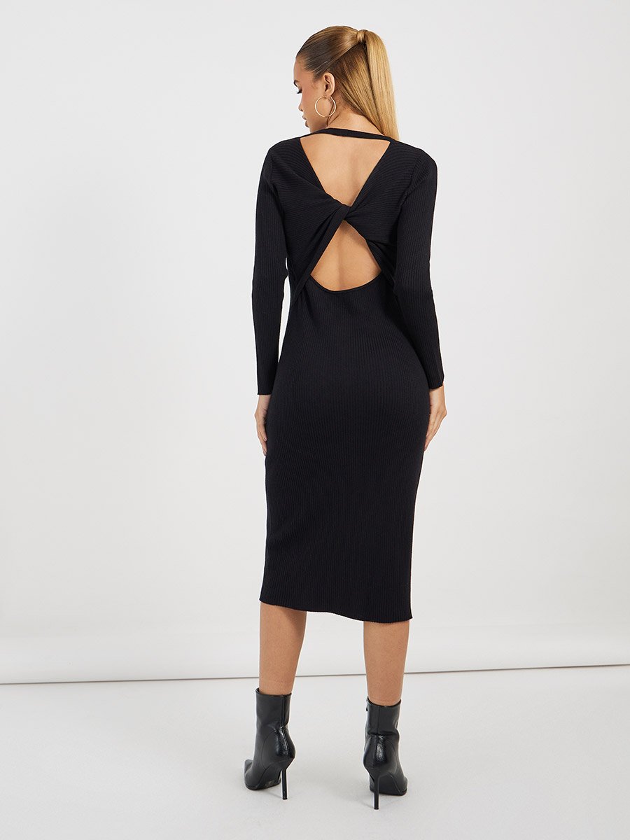 Solid Ribbed Knit Sweater Midi Dress