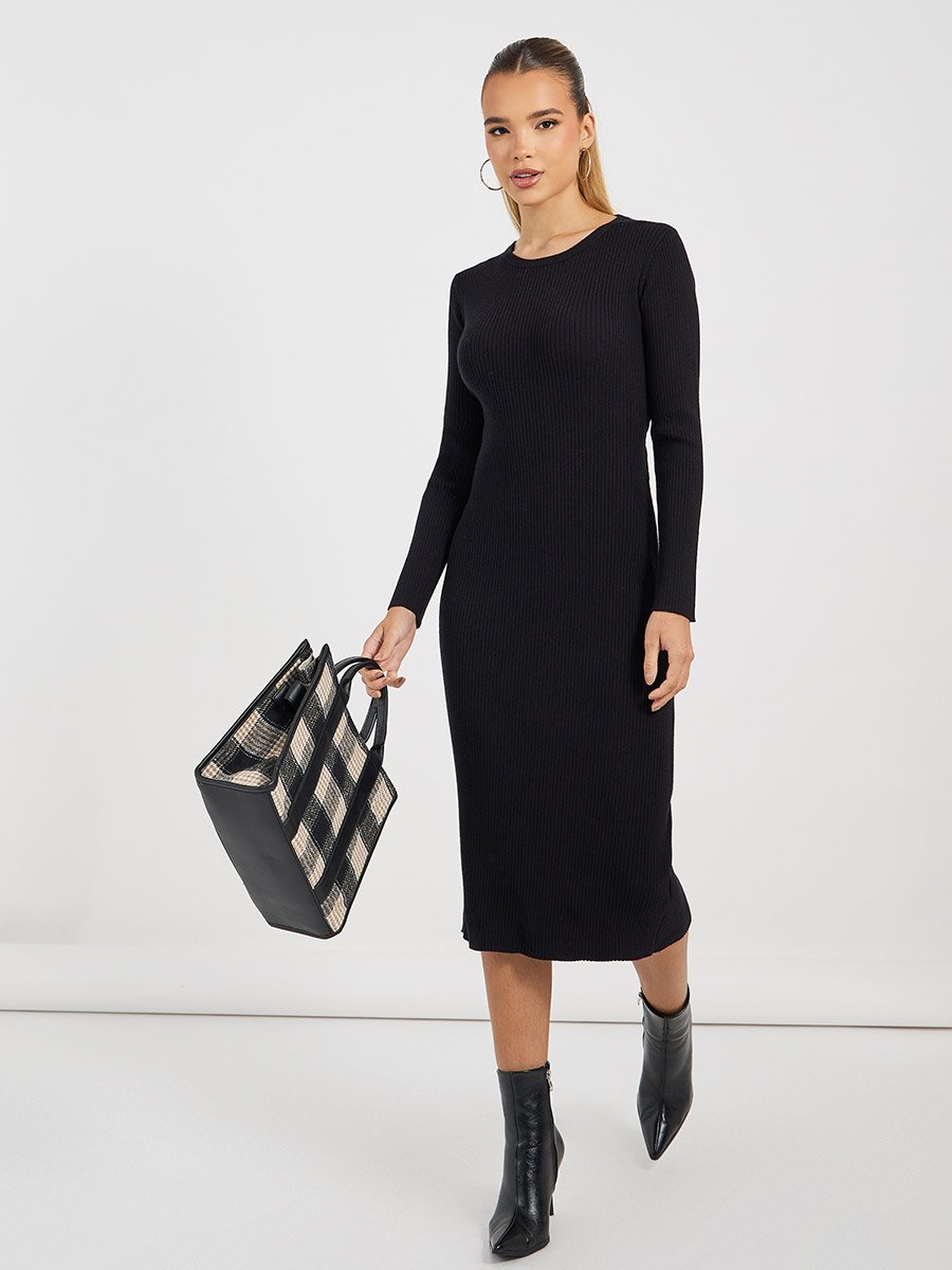 Solid Ribbed Knit Sweater Midi Dress