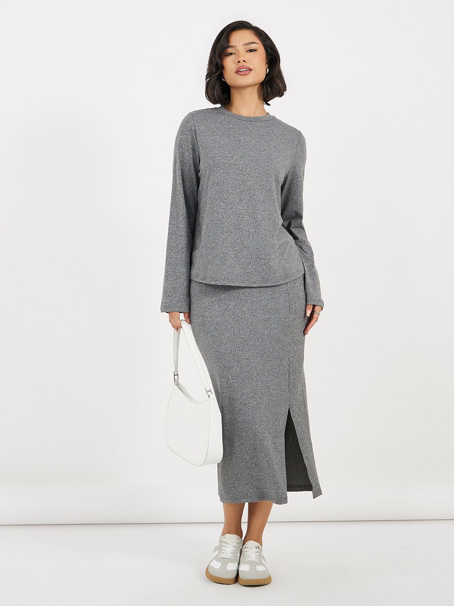 Grey Solid Knit Top and Midi Skirt Co-Ords