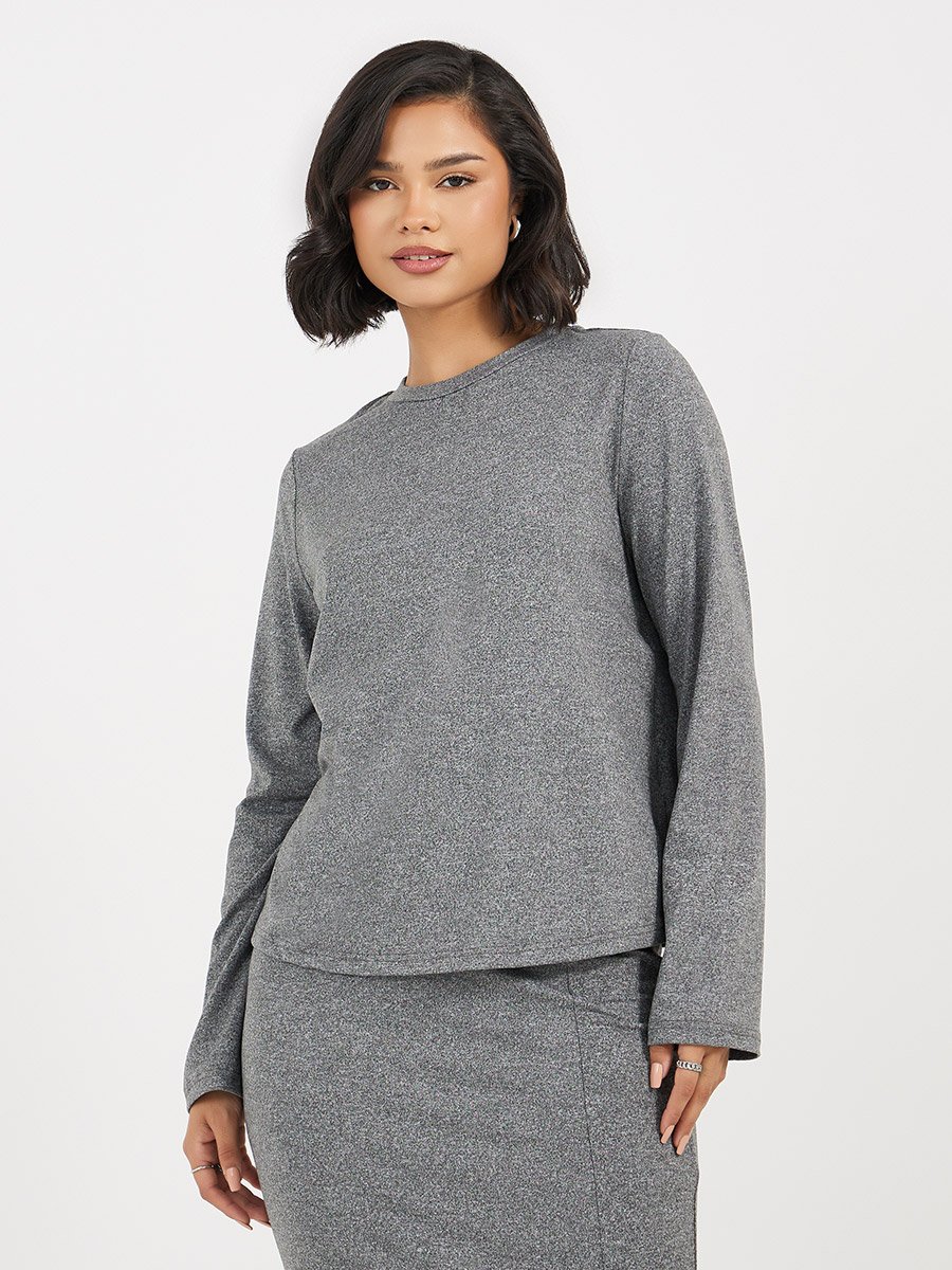 Grey Solid Knit Top and Midi Skirt Co-Ords