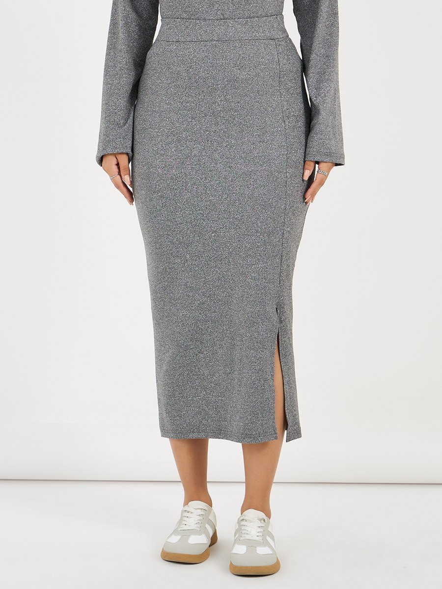 Grey Solid Knit Top and Midi Skirt Co-Ords
