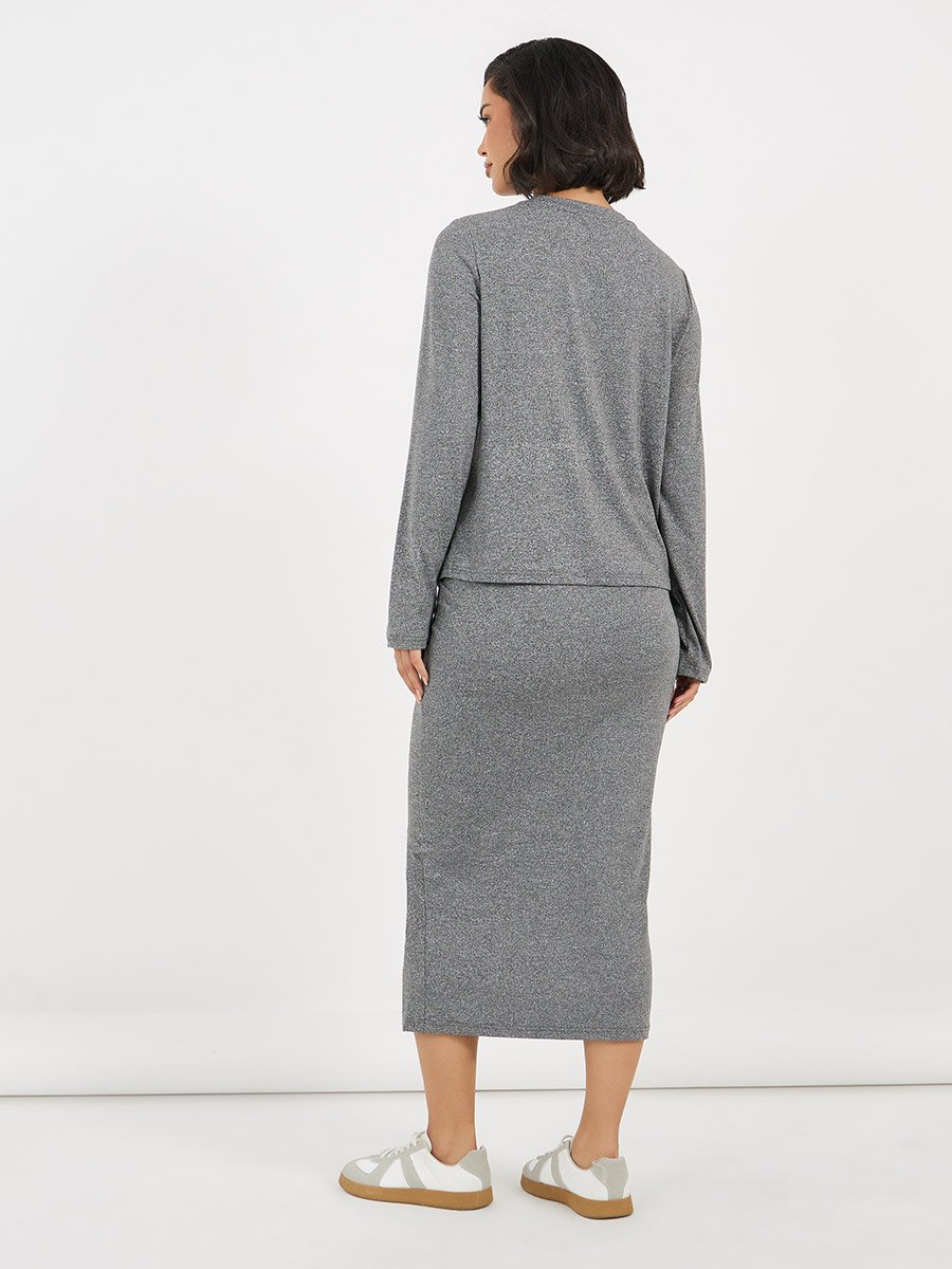 Grey Solid Knit Top and Midi Skirt Co-Ords