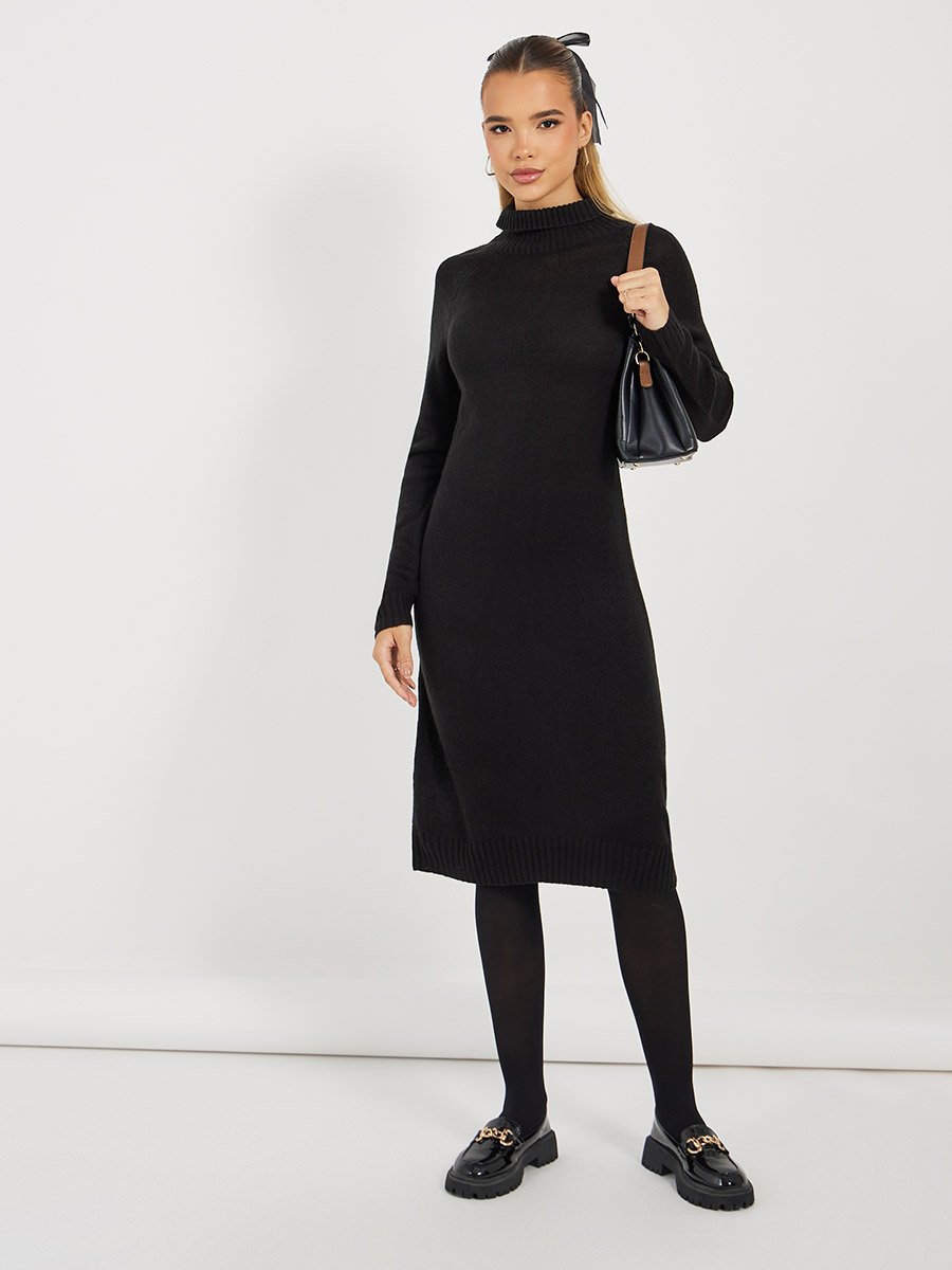 Textured Knit Sweater Knee Length Dress