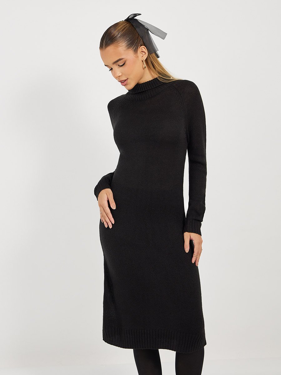 Textured Knit Sweater Knee Length Dress