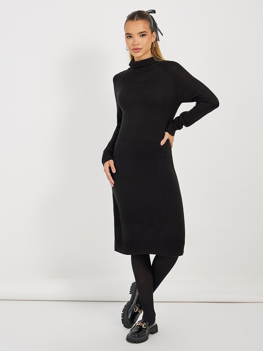 Textured Knit Sweater Knee Length Dress