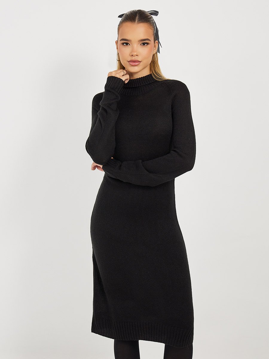 Textured Knit Sweater Knee Length Dress