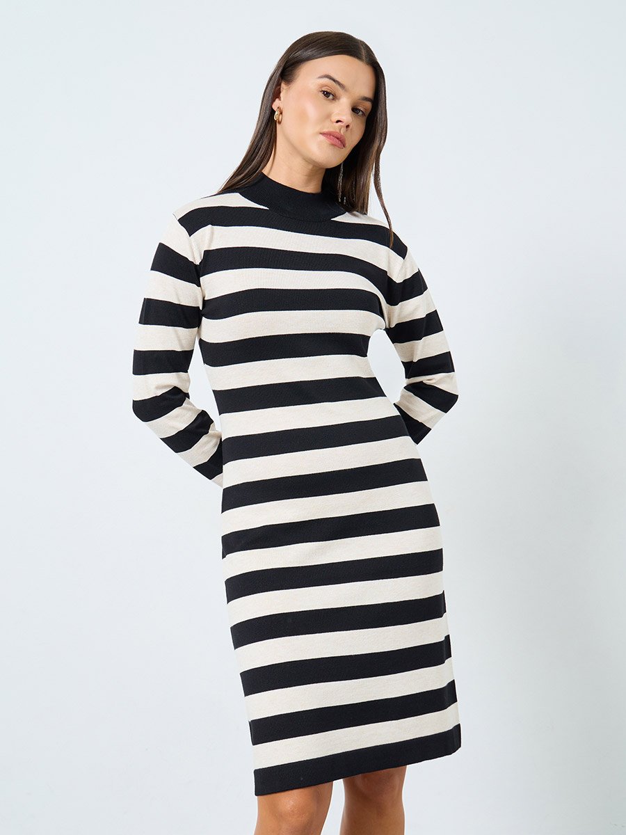 Striped Sweater Knee Length Dress