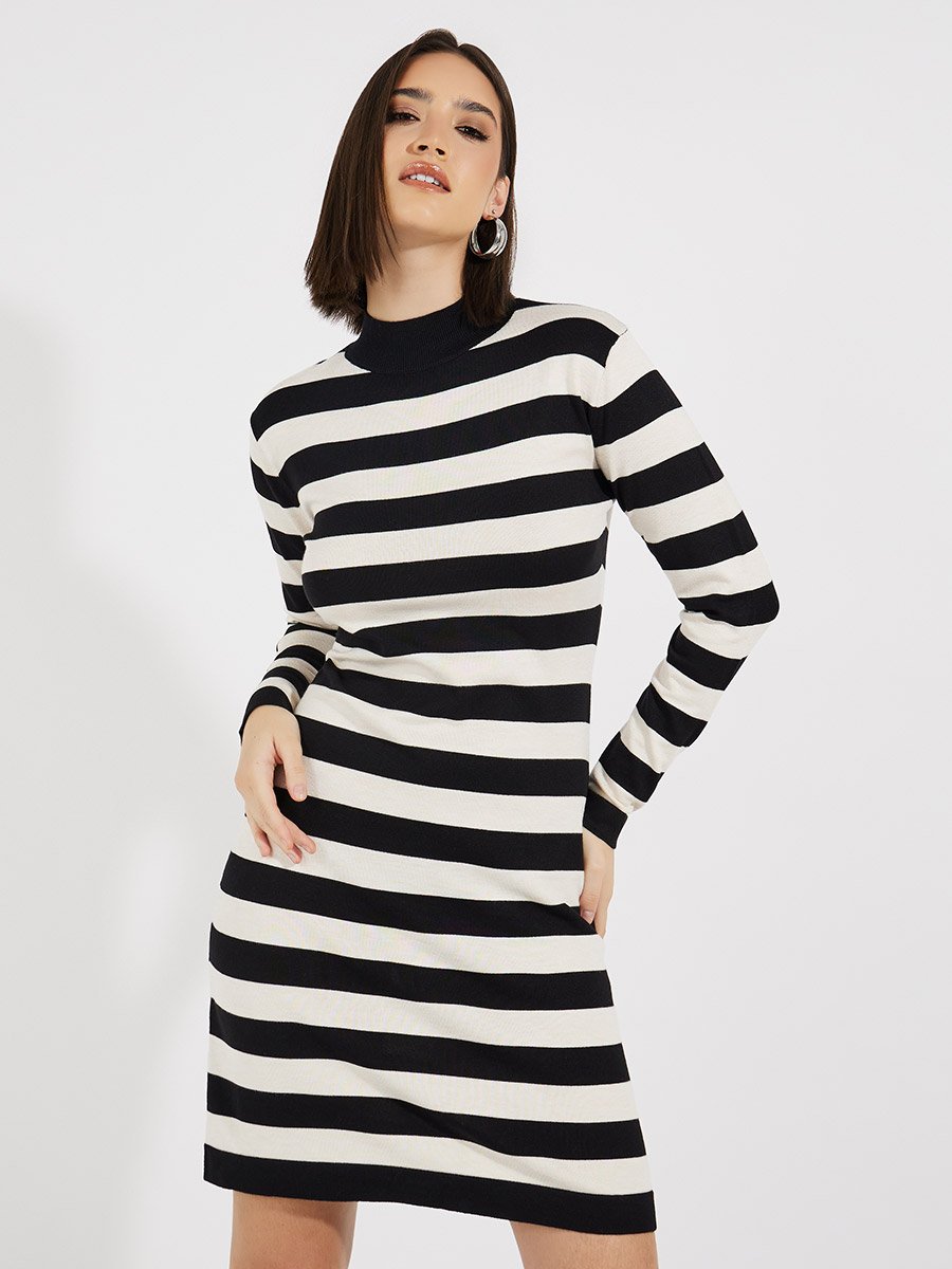 Striped Sweater Knee Length Dress