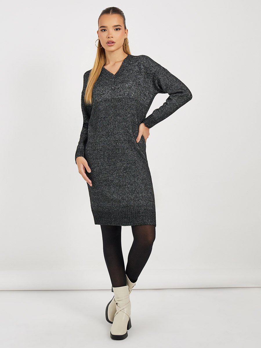 Flat Knit V Neck Sweater Mini Dress