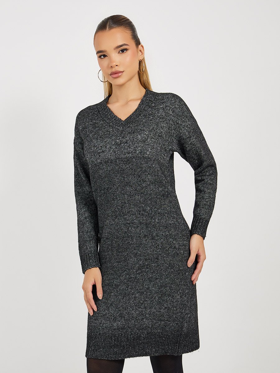 Flat Knit V Neck Sweater Mini Dress For Women at Saudi | Styli Flat Knit V Neck Sweater Mini Dress For Women at Saudi | Styli