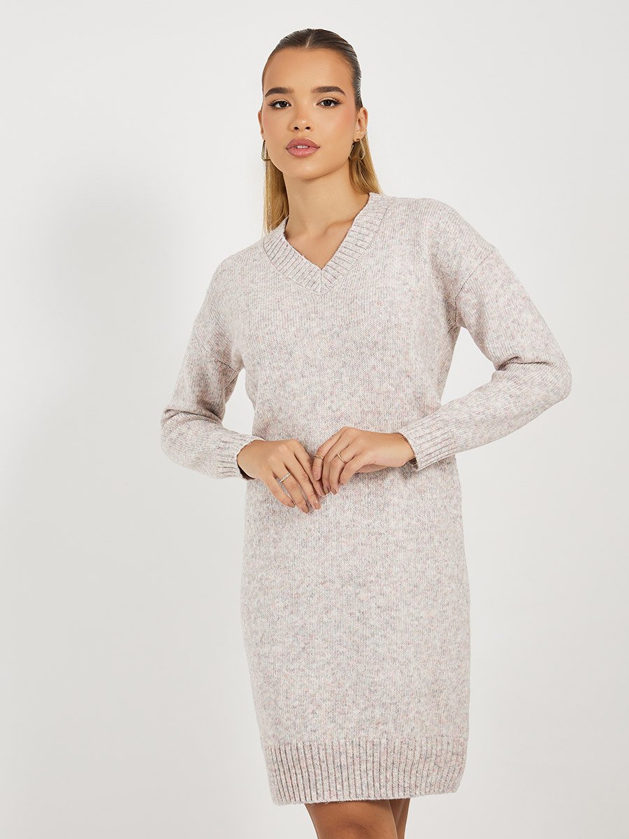 Flat Knit V Neck Sweater Mini Dress