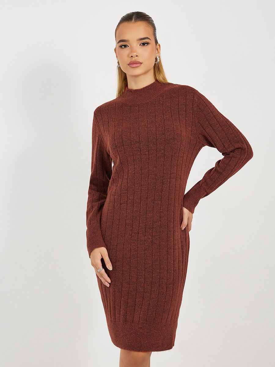 Textured Knit Sweater Knee Length Dress