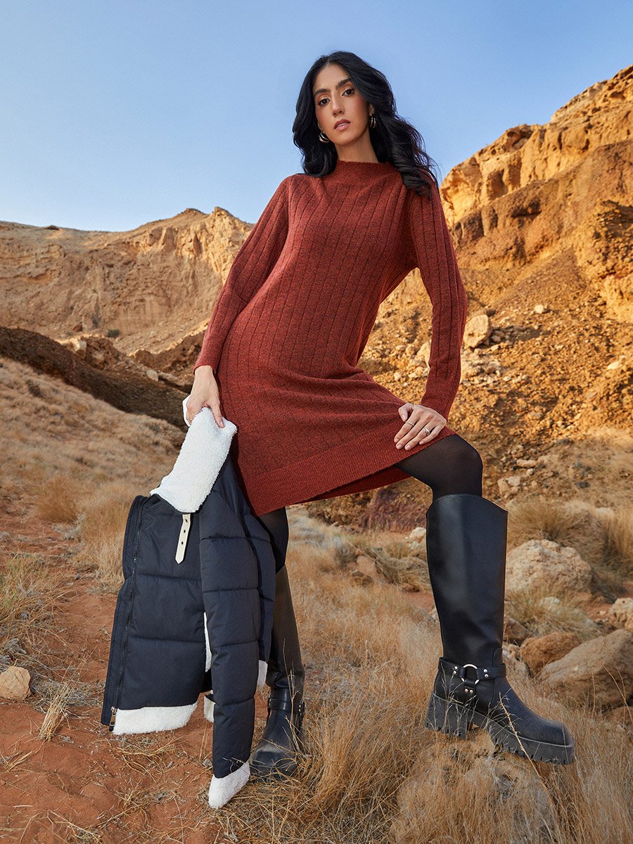 Textured Knit Sweater Knee Length Dress