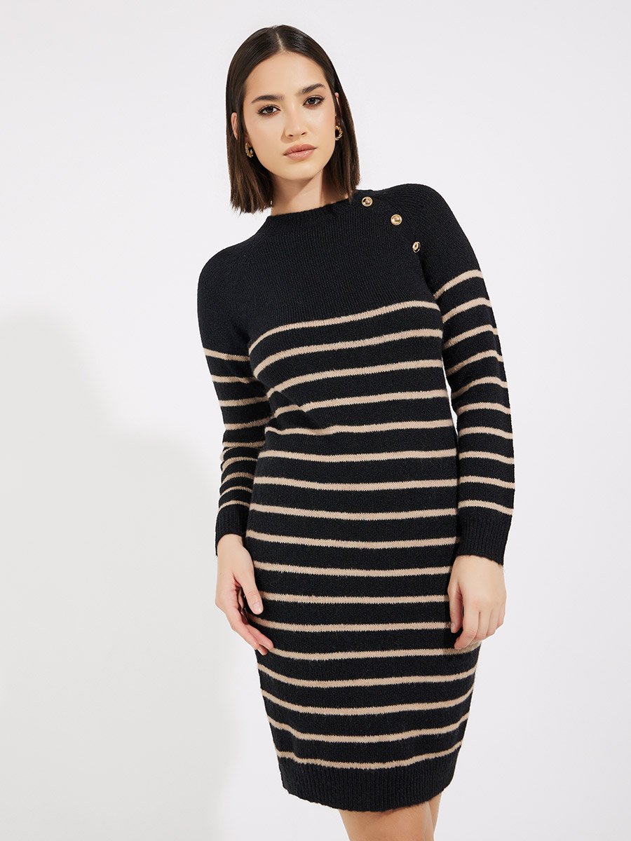 Striped Button Detail Sweater Knee Length Dress
