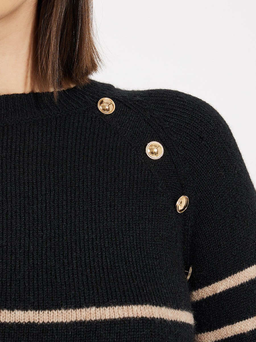 Striped Button Detail Sweater Knee Length Dress