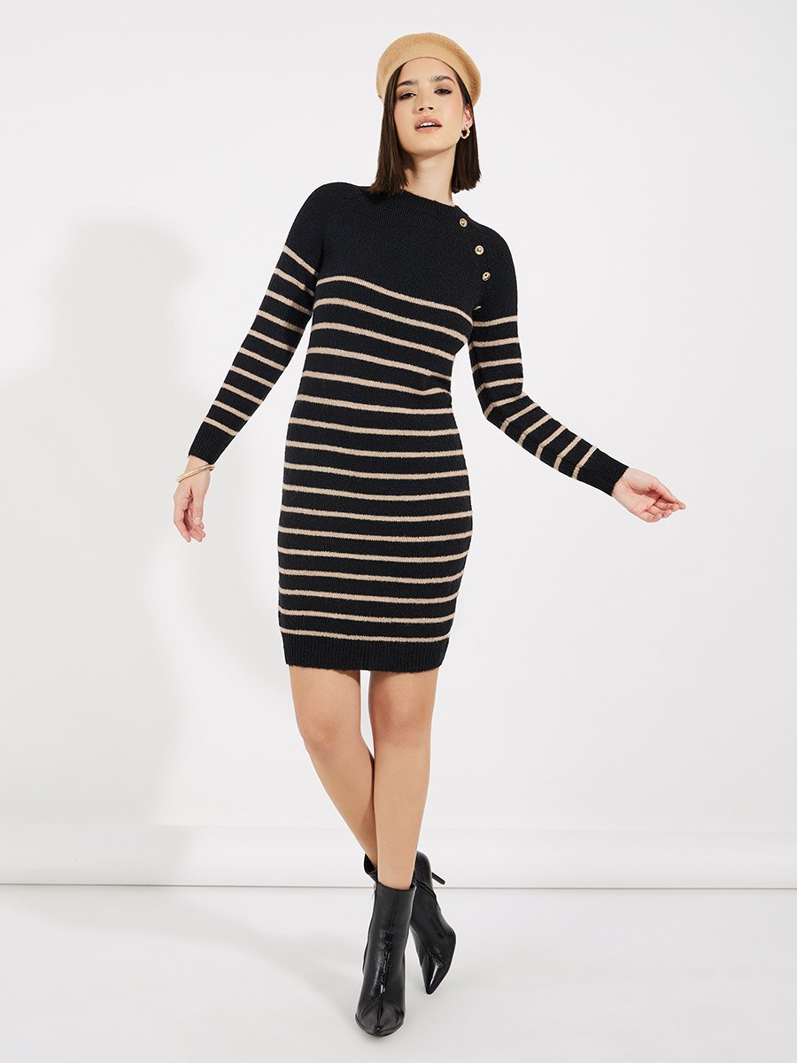 Striped Button Detail Sweater Knee Length Dress