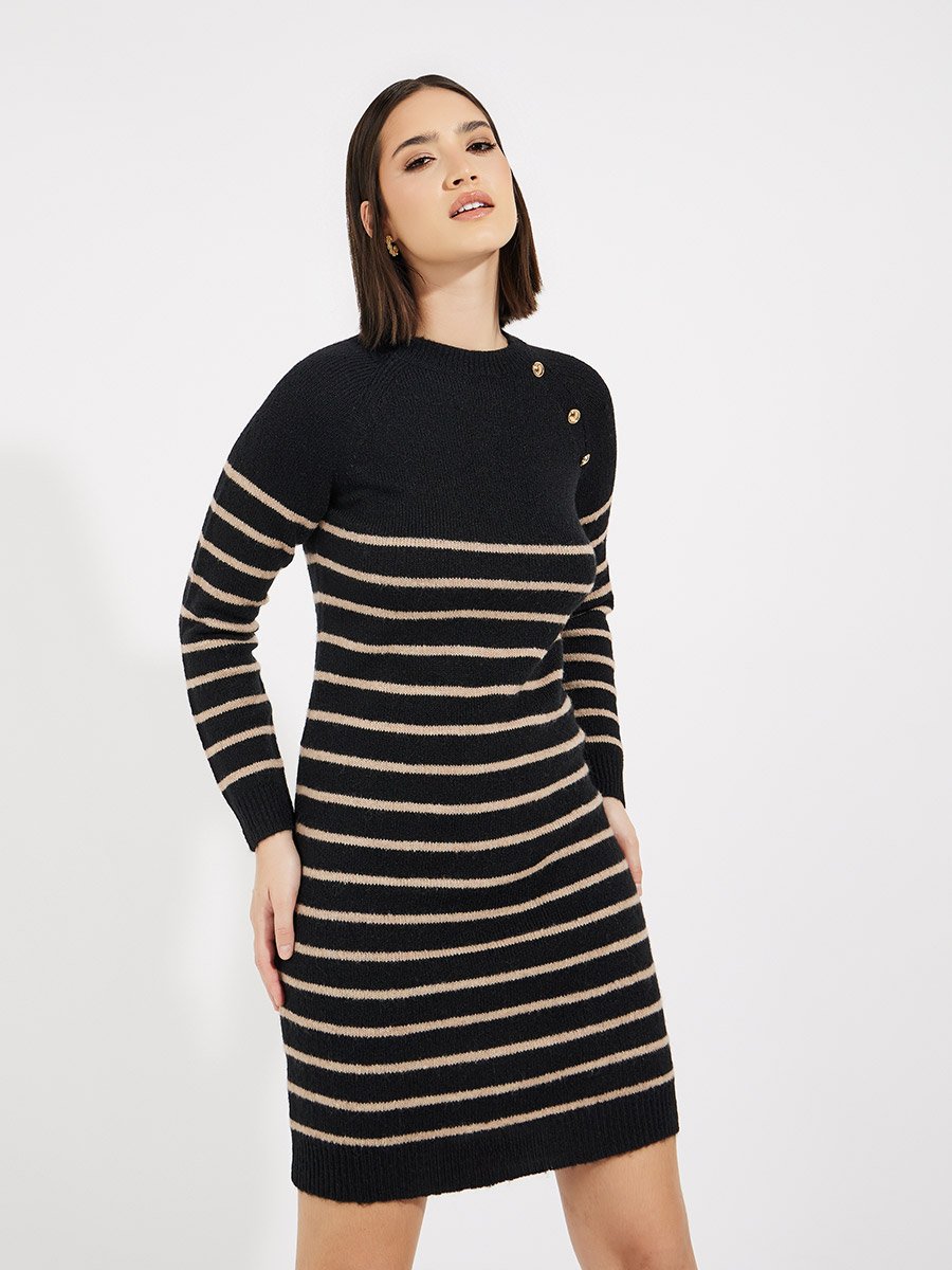 Striped Button Detail Sweater Knee Length Dress