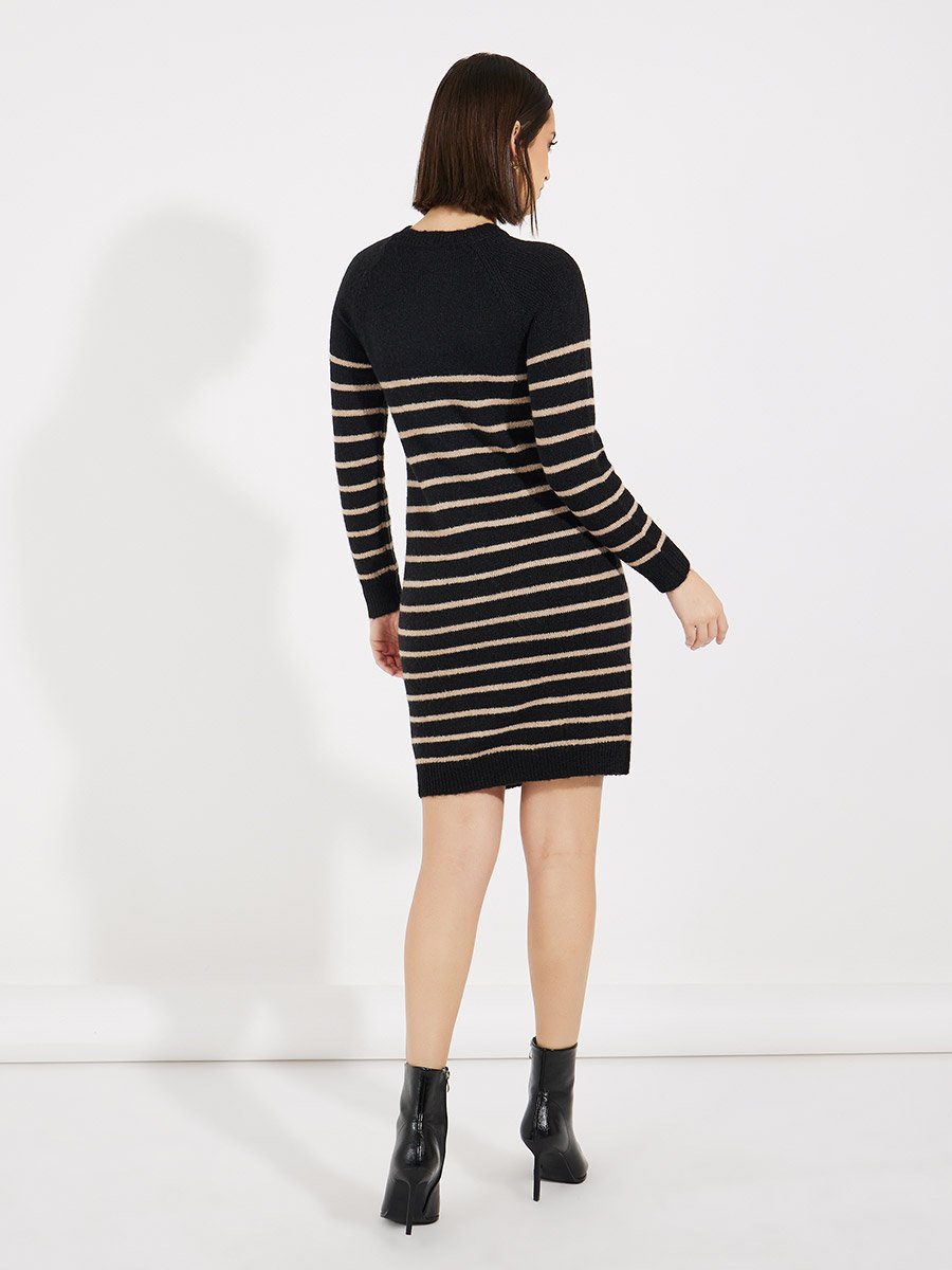 Striped Button Detail Sweater Knee Length Dress