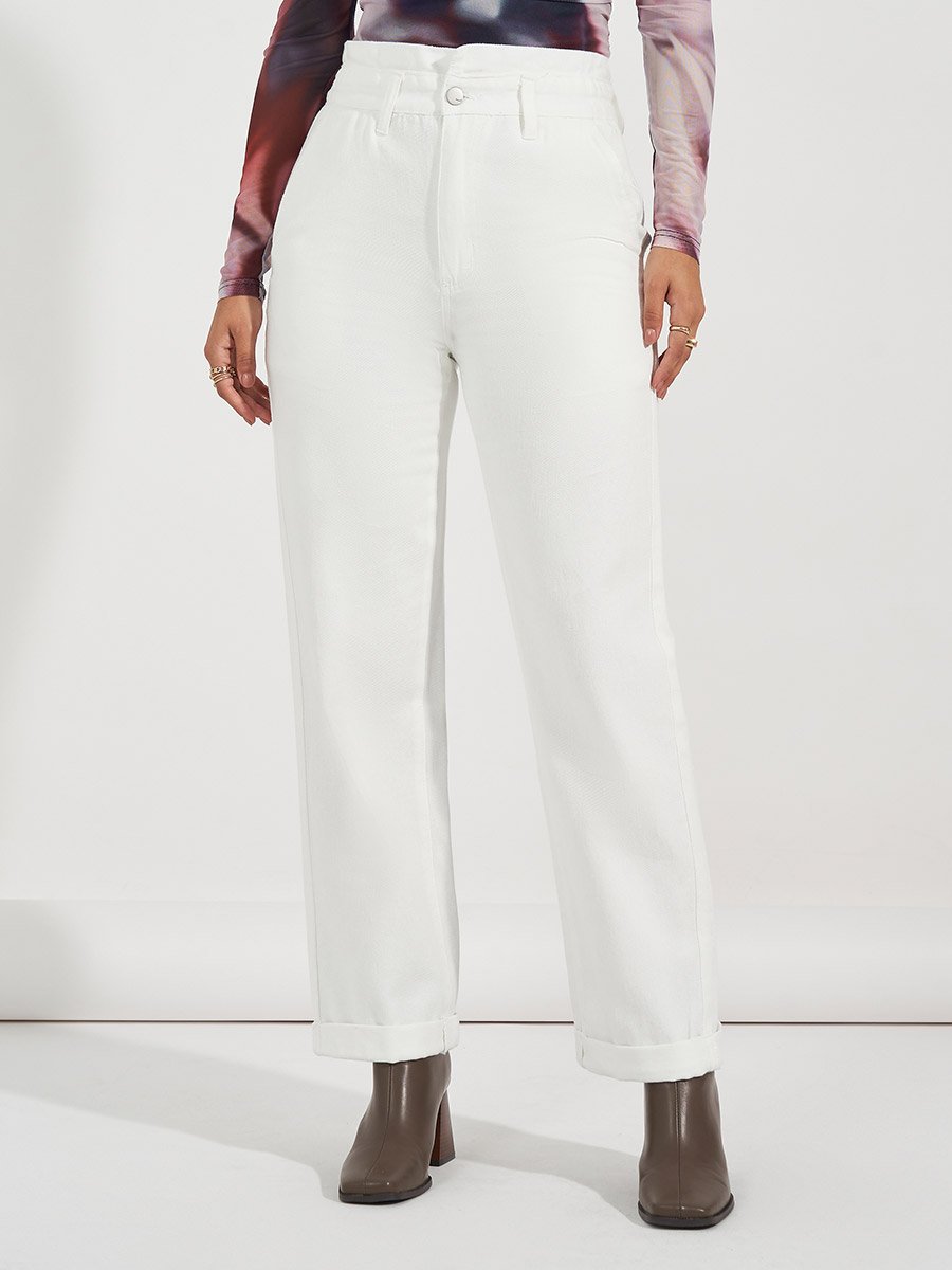 High Rise Straight Fit Paper Bag Waist Jeans