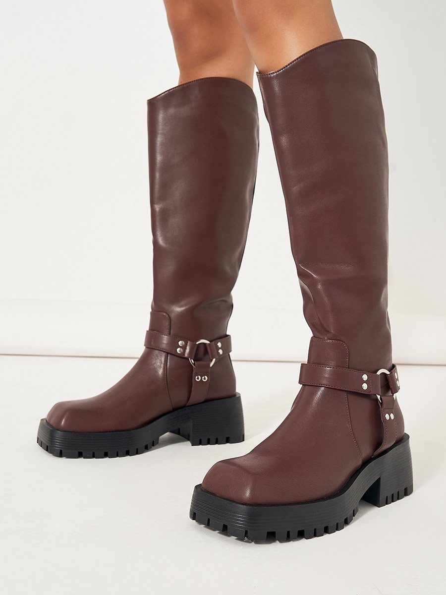 Buckle Harness Detail Knee High Boots