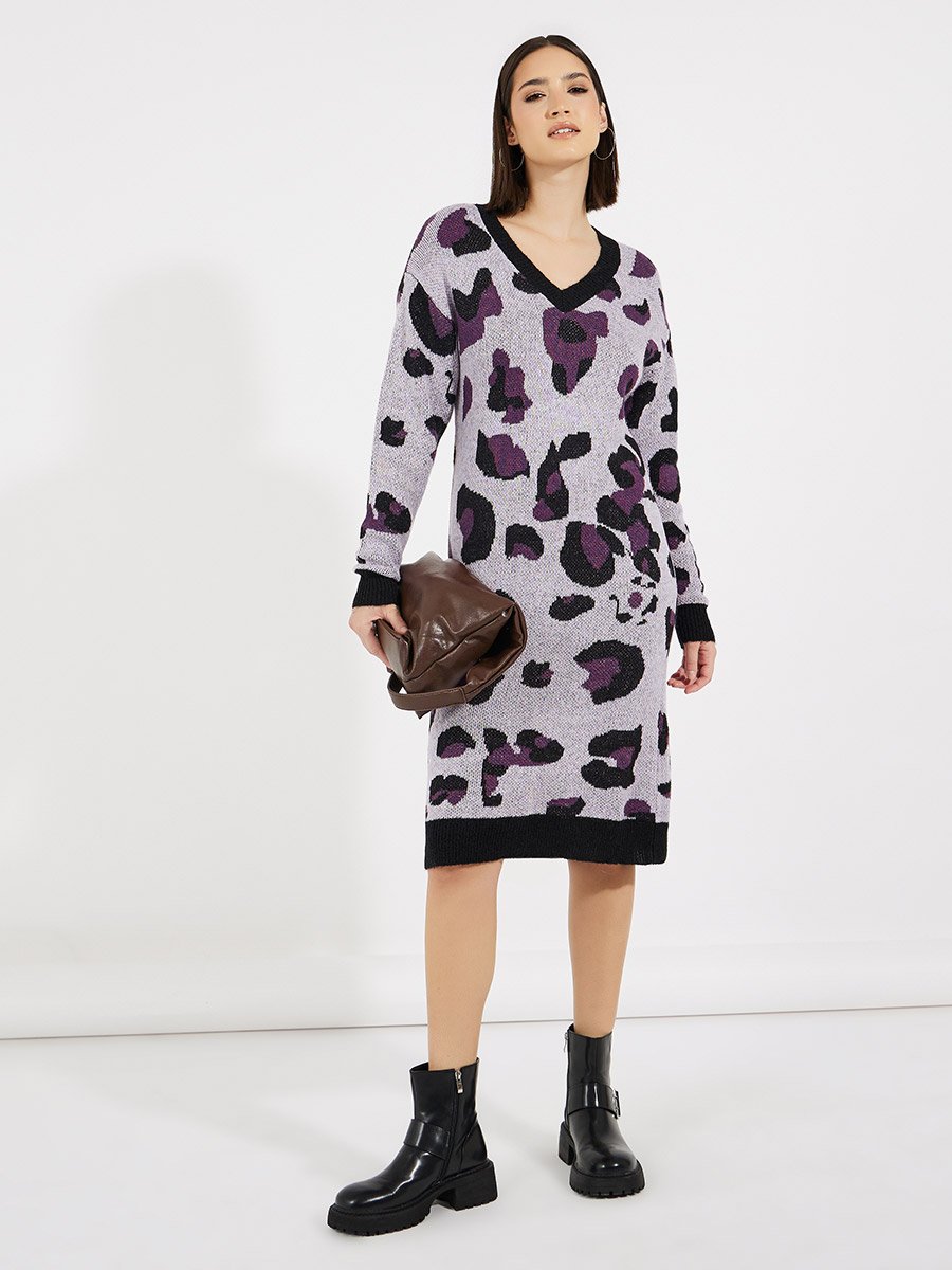 Animal Print Sweater Knee Length Dress