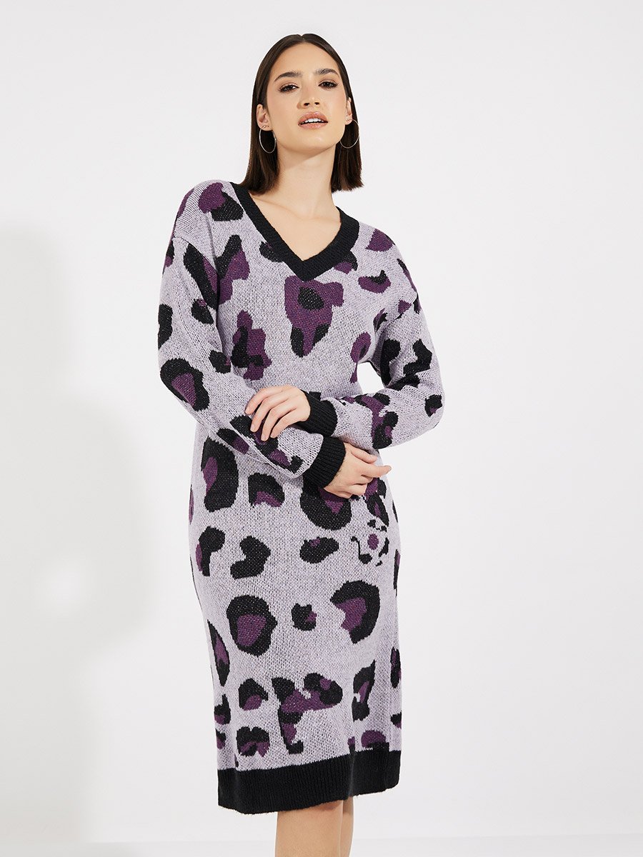 Animal Print Sweater Knee Length Dress