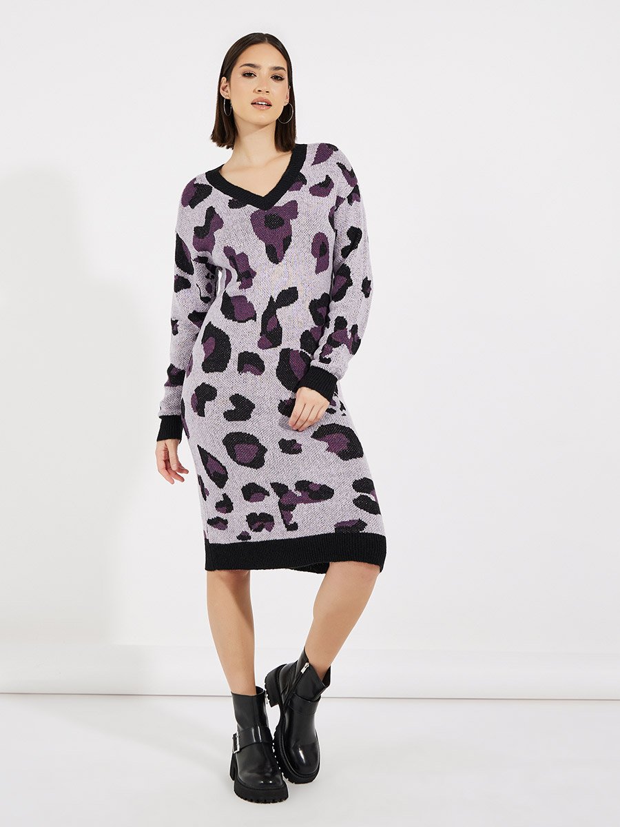 Animal Print Sweater Knee Length Dress
