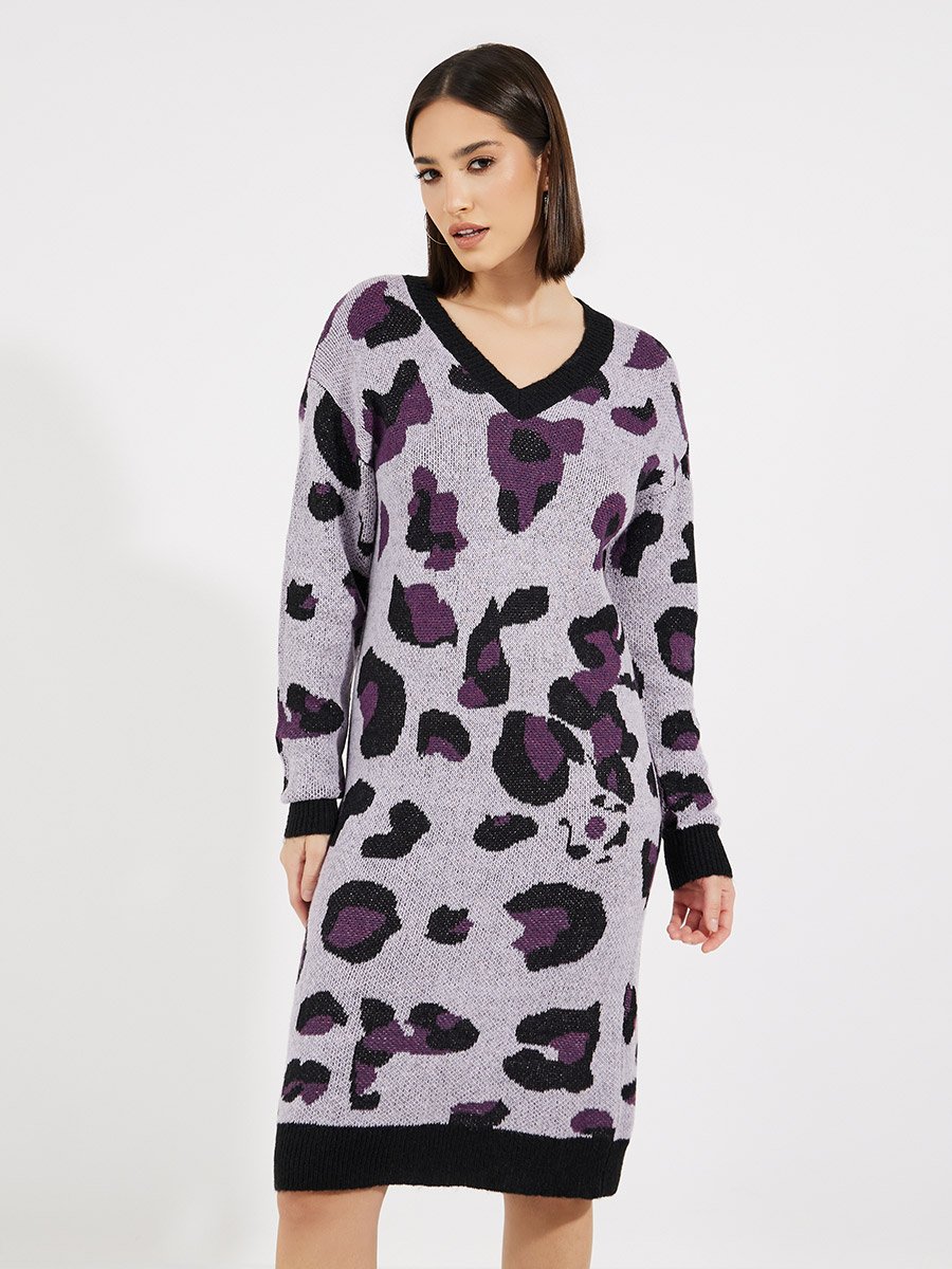 Animal Print Sweater Knee Length Dress