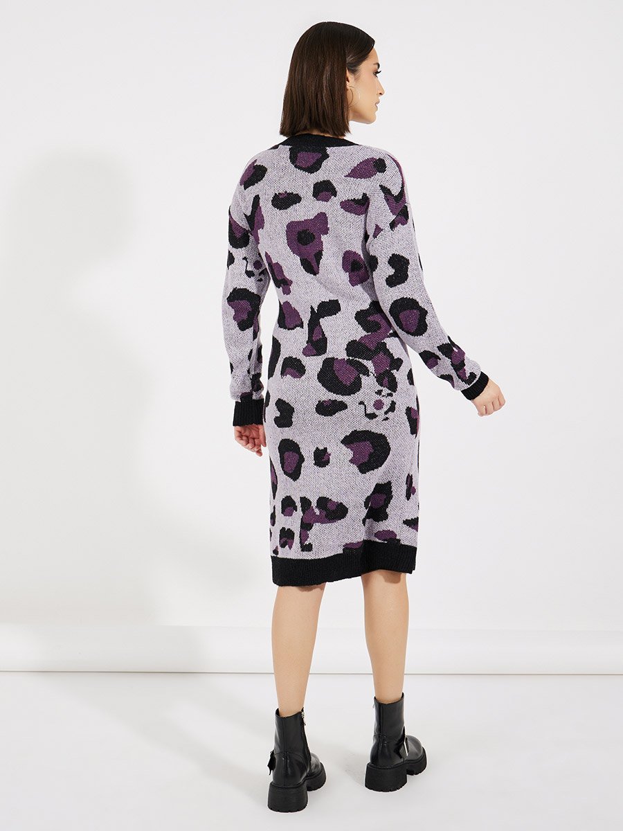 Animal Print Sweater Knee Length Dress