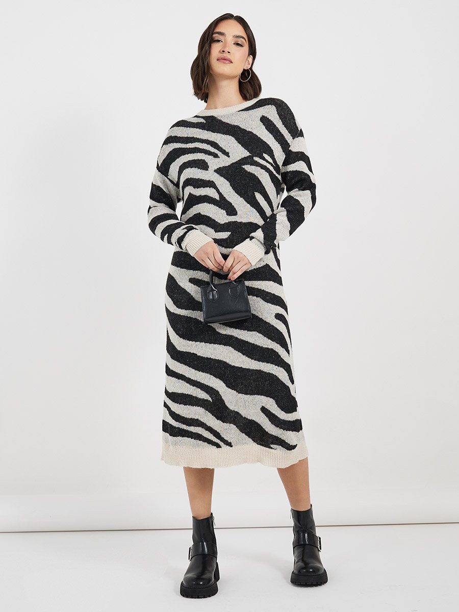 Animal Pattern Sweater Midi Dress