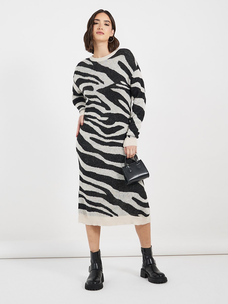 Animal Pattern Sweater Midi Dress