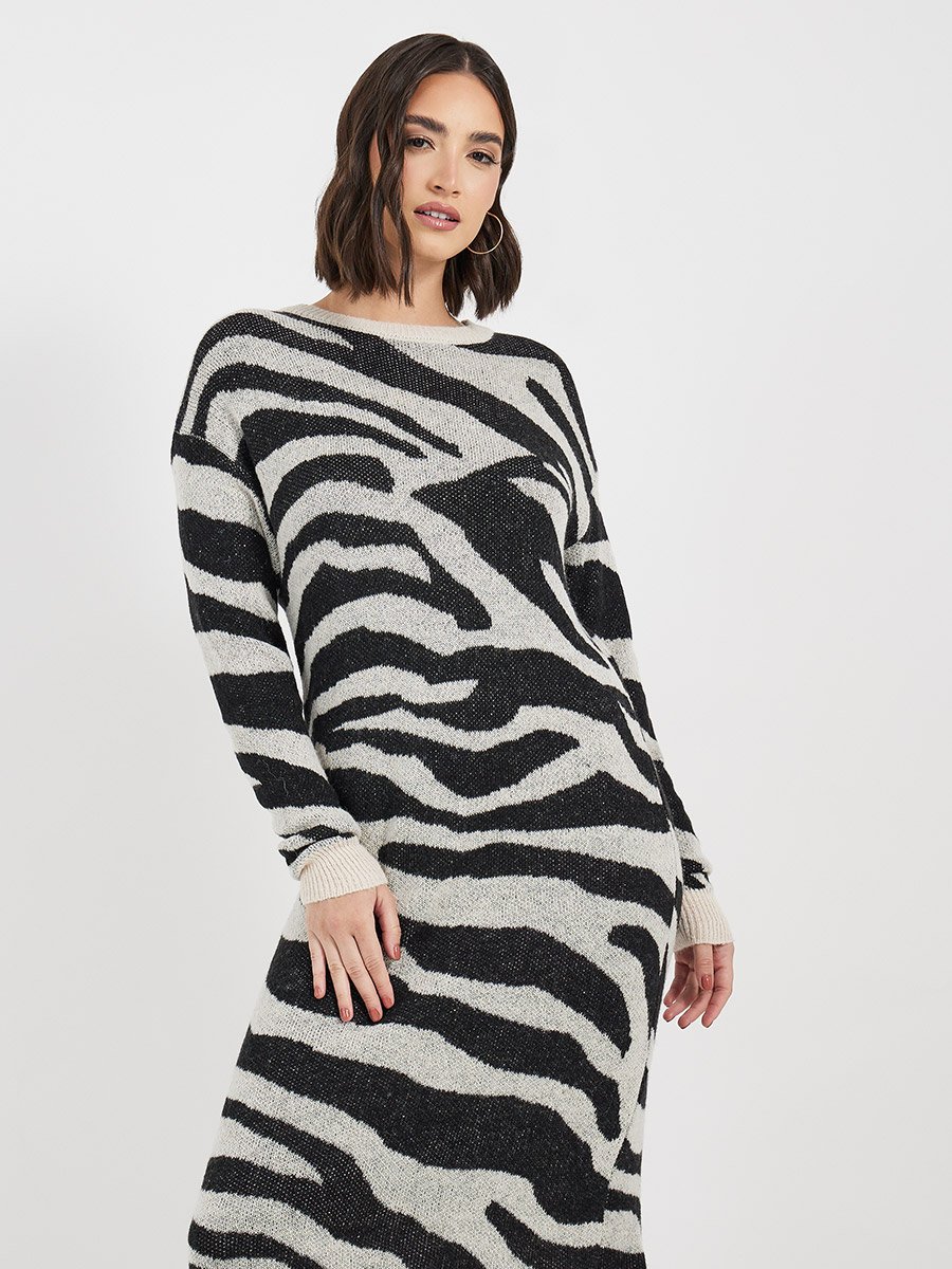 Animal Pattern Sweater Midi Dress