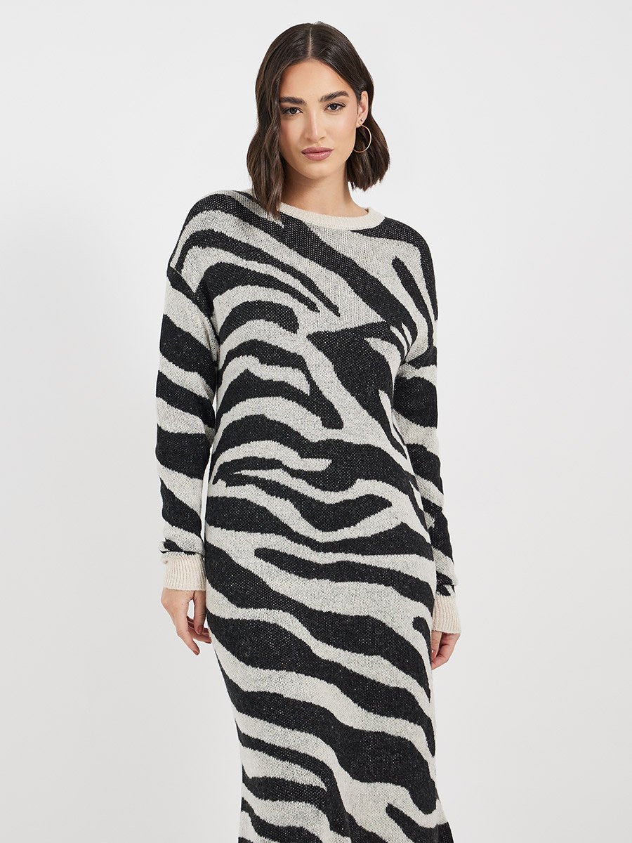 Animal Pattern Sweater Midi Dress