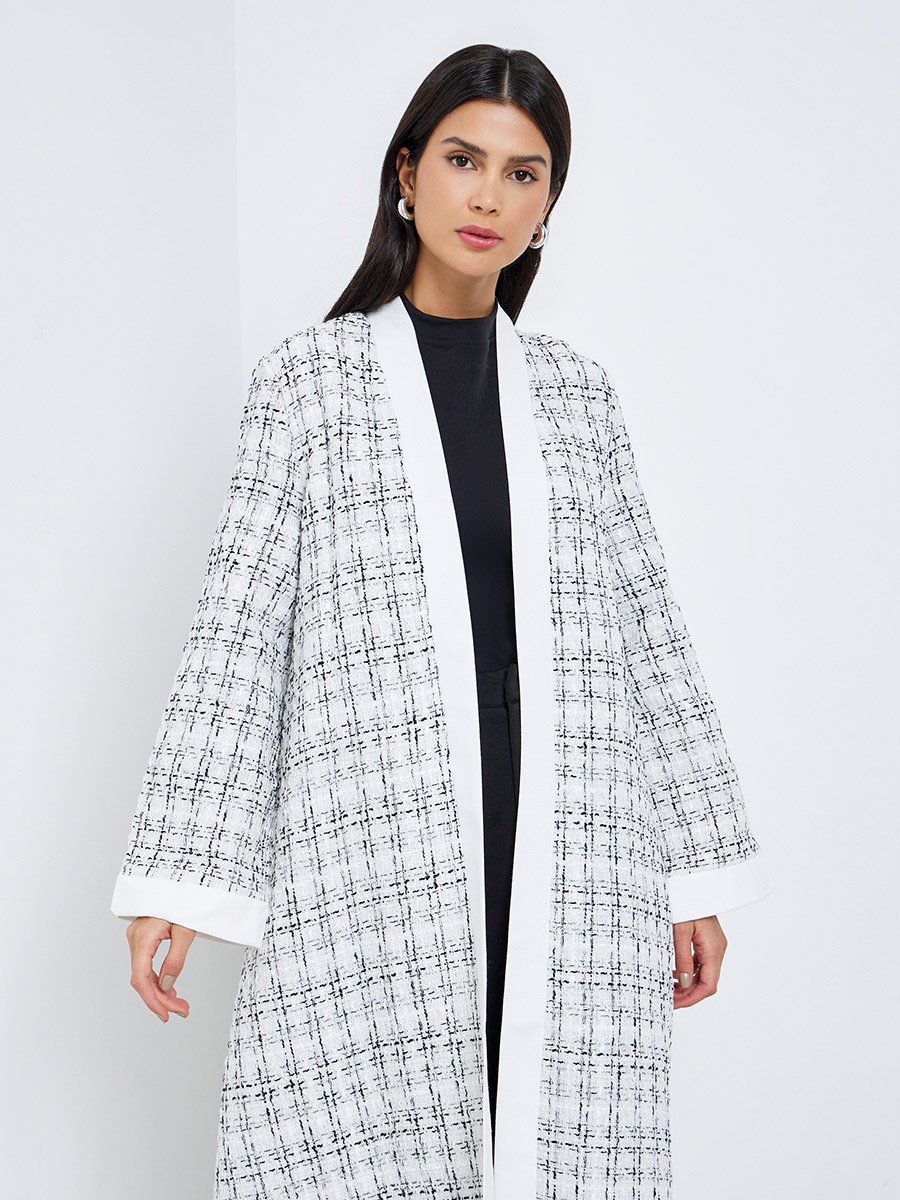 White Front Open Tweed-Look Check Winter Abaya