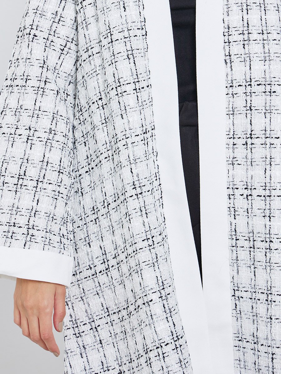 White Front Open Tweed-Look Check Winter Abaya