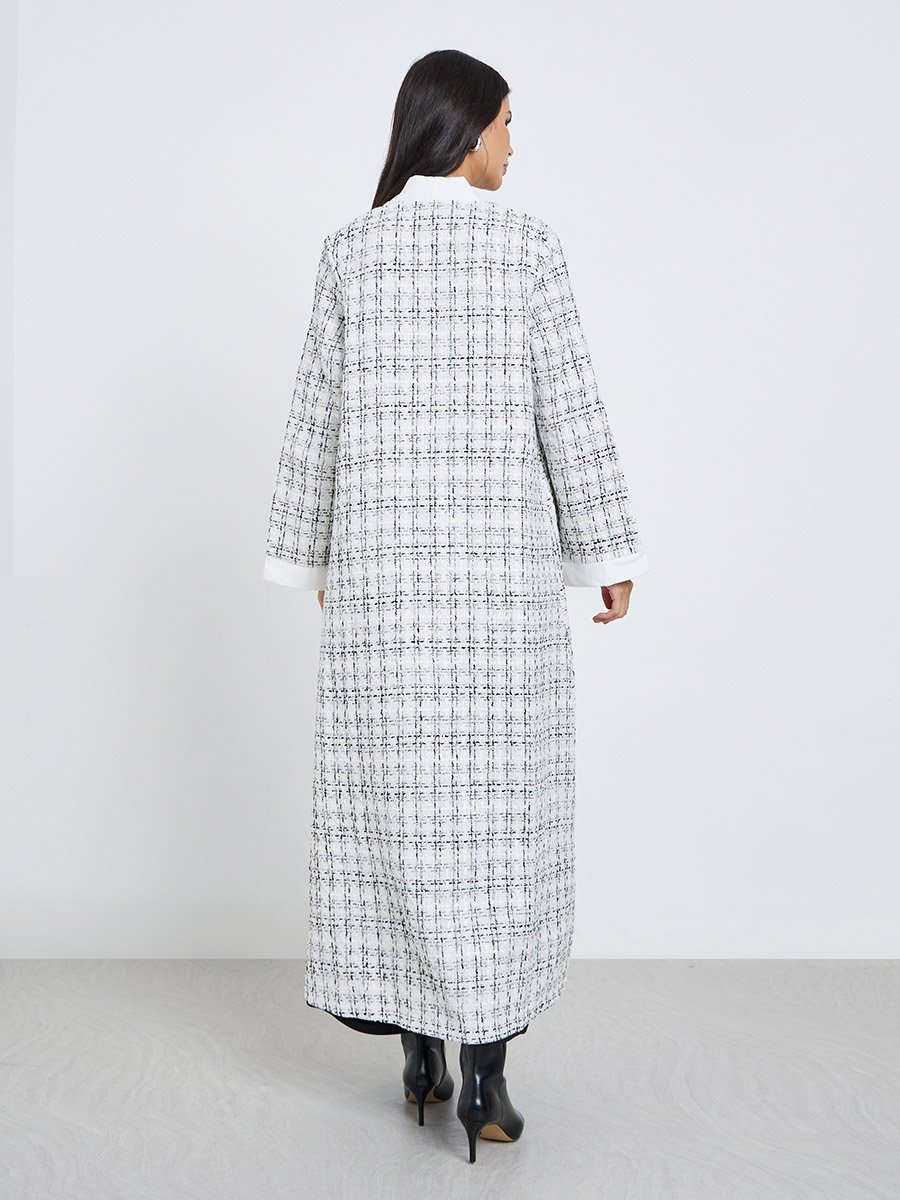 White Front Open Tweed-Look Check Winter Abaya