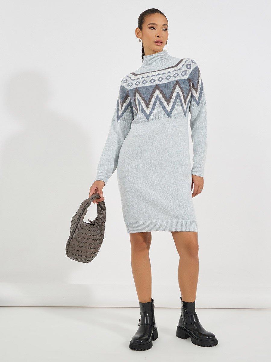 Patterned Panel Sweater Knee Length Dress