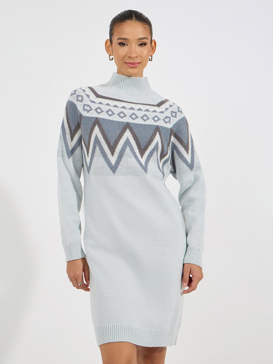 Patterned Panel Sweater Knee Length Dress