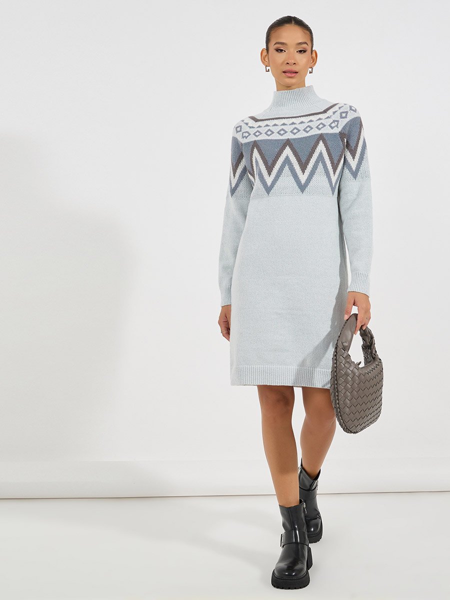 Patterned Panel Sweater Knee Length Dress