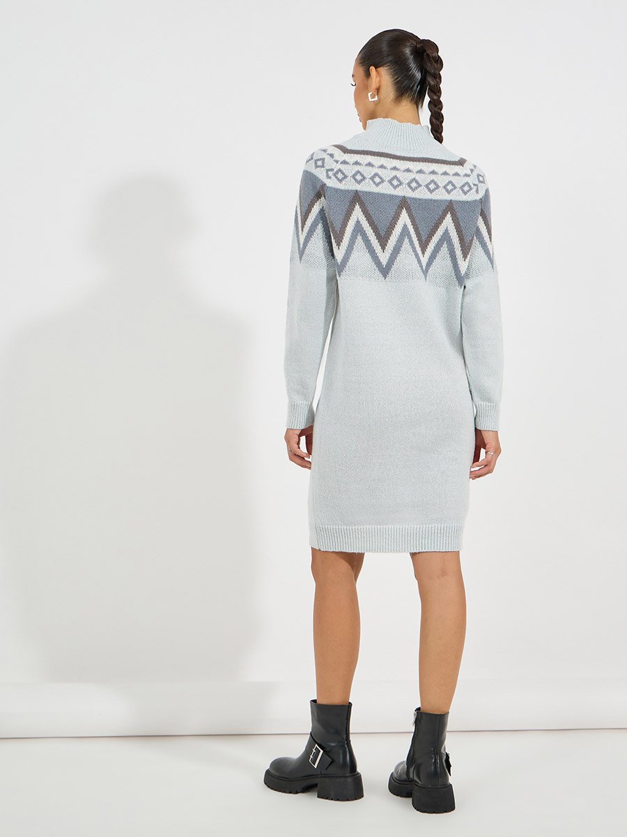Patterned Panel Sweater Knee Length Dress