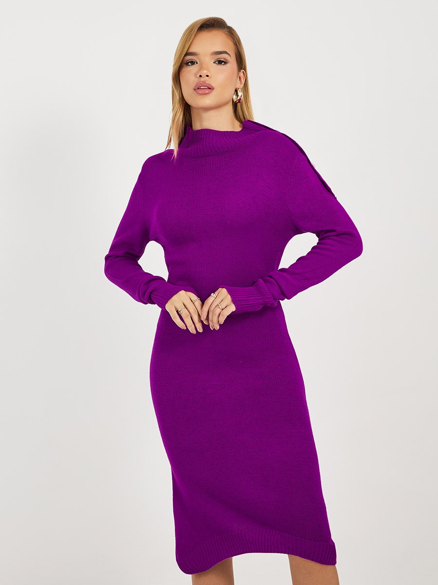 Knitted Sweater Knee Length Dress with Button Detail