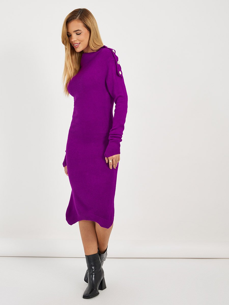 Purple Knit Long Sleeves Sweater Midi Dress For Women at UAE | Styli