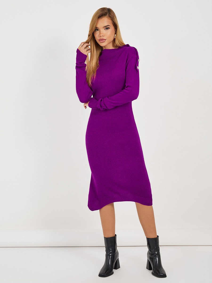 Knitted Sweater Knee Length Dress with Button Detail