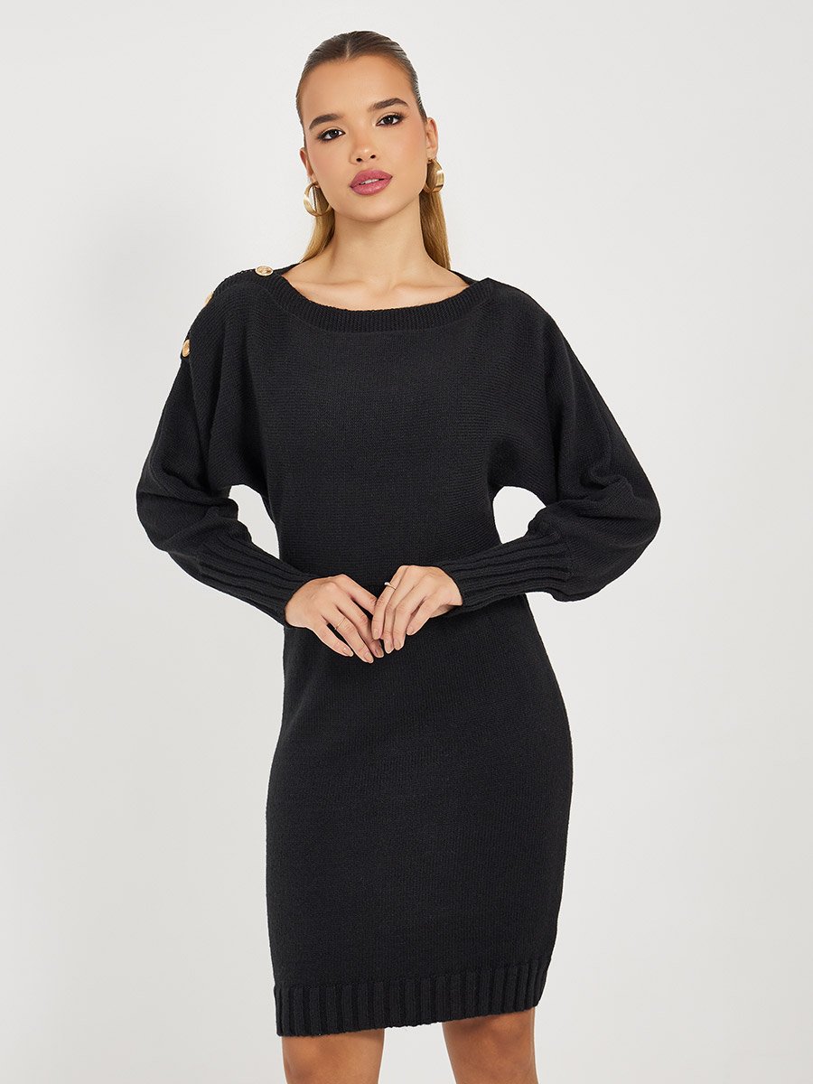 Button Detail Knit Sweater Knee Length Dress