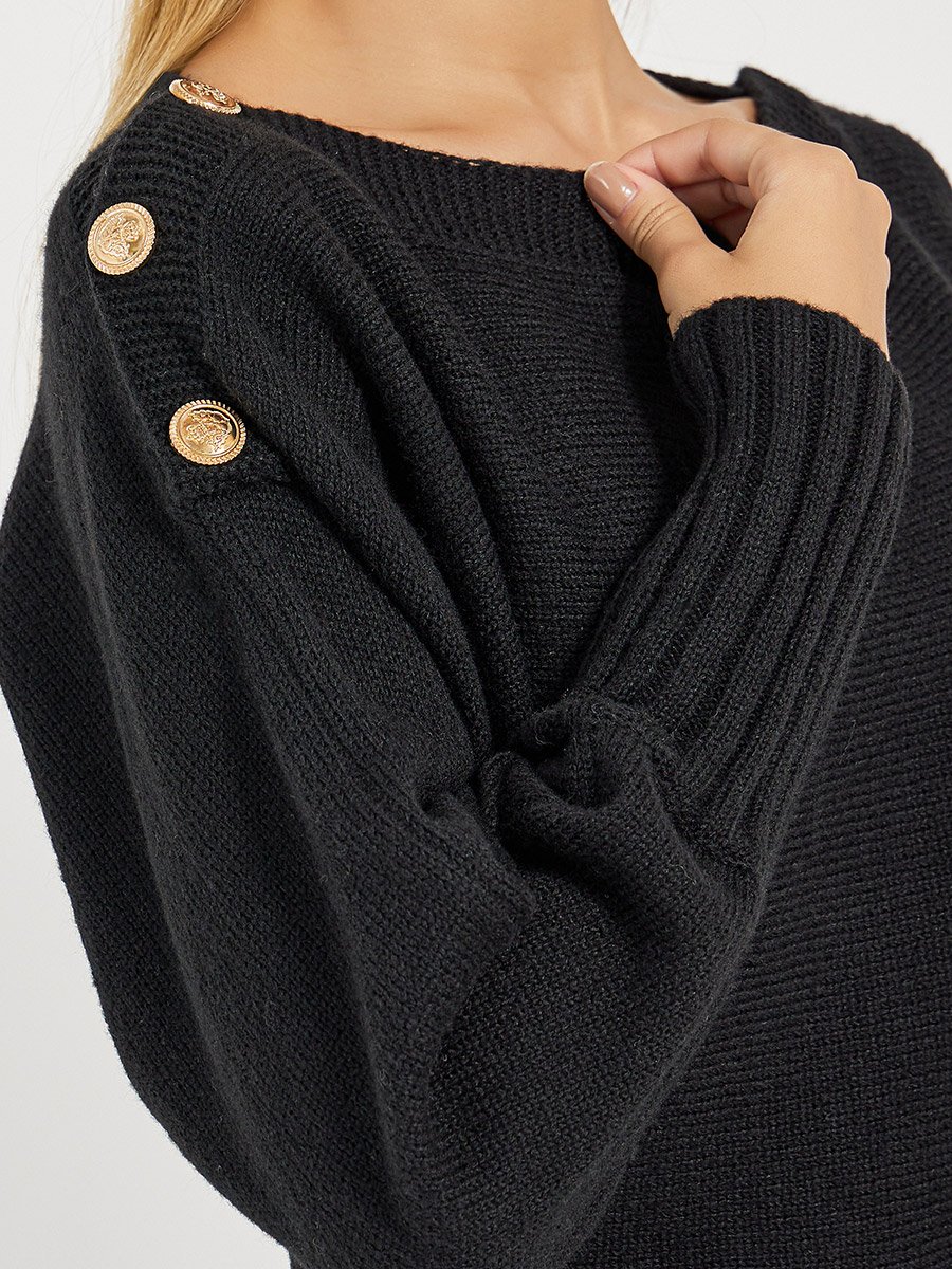 Button Detail Knit Sweater Knee Length Dress