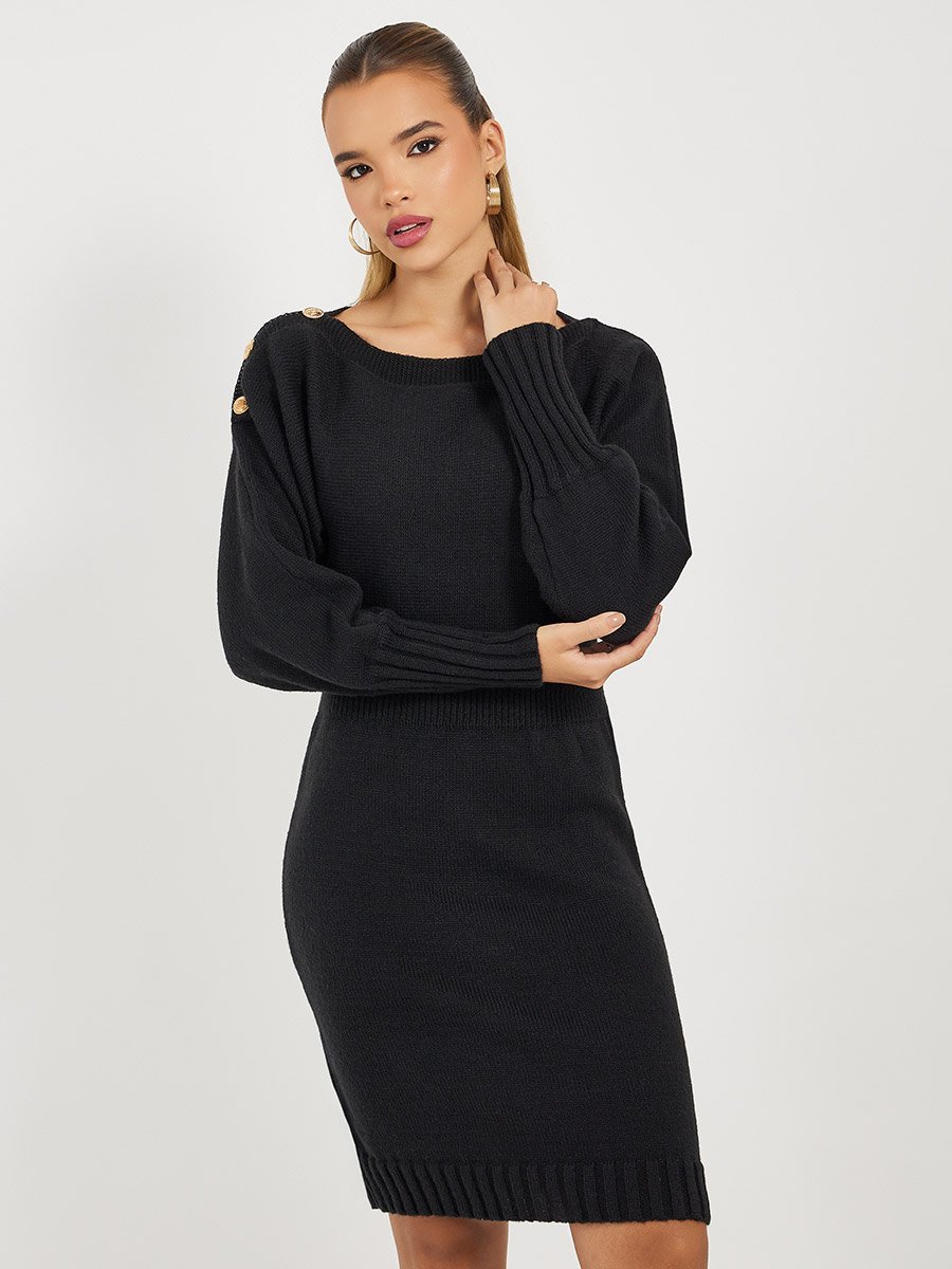 Button Detail Knit Sweater Knee Length Dress