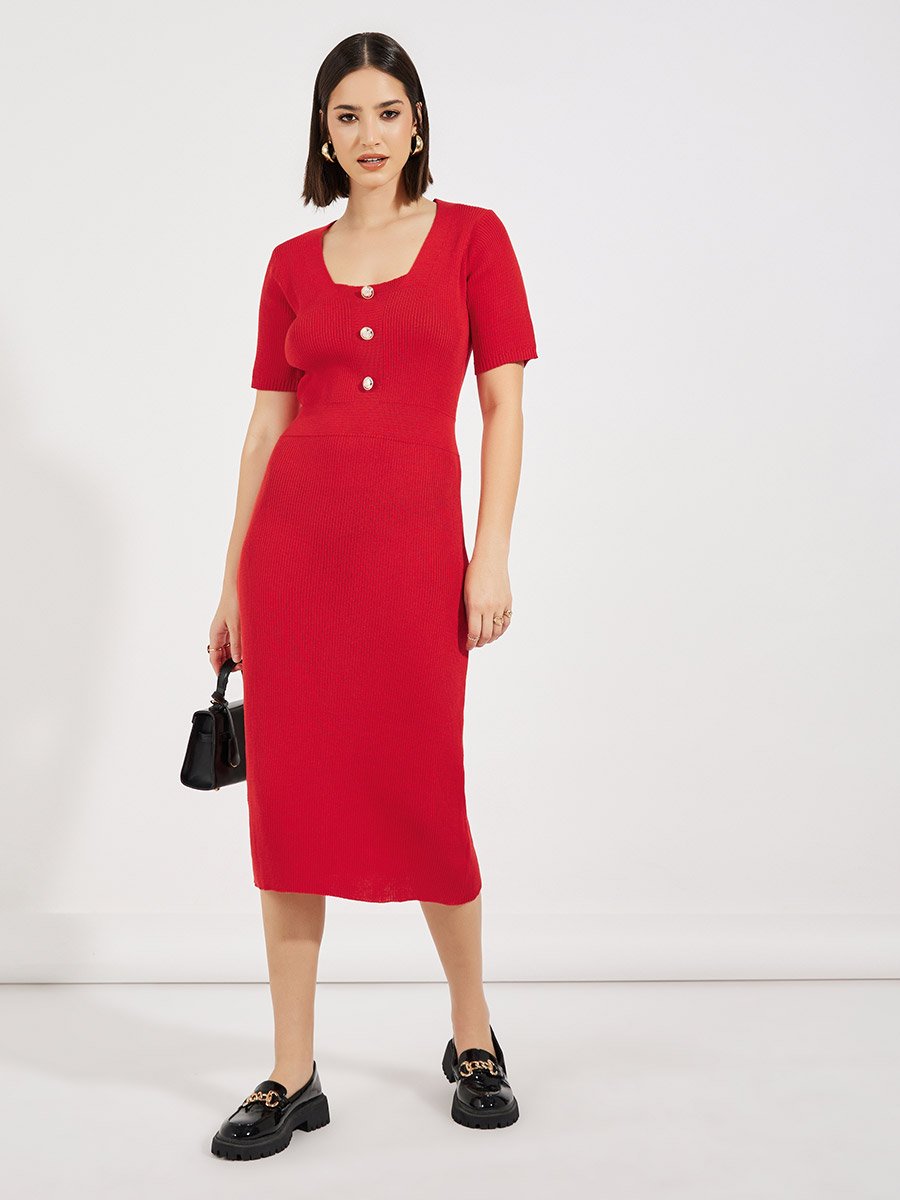 Rib Knit Square Neck Sweater Midi Dress